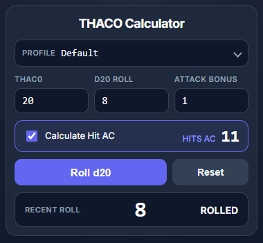 The THACO calculator: THAC0 20, d20 roll 8, attack bonus 1, with Calculate Hit AC switched on, showing that a roll of 8 hits Armor Class 11.
